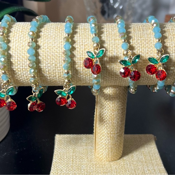 Cherry Charm Aqua Beaded Bracelet Elastic - Picture 1 of 4